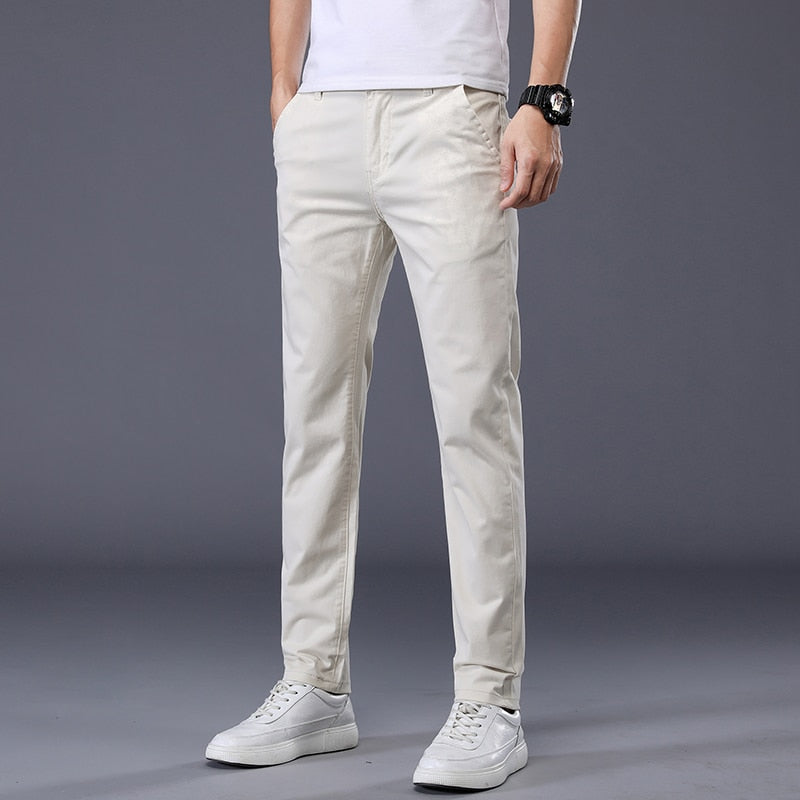 2023 New Summer Casual Pants Men 98%Cotton Solid color Business Fashion Slim Fit Stretch Gray Thin Trousers Male Brand Clothing