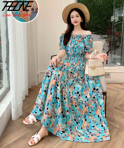 Summer Women Dress Loose Korean Style Bohemian Floral Cotton Beach Off-Shoulder Print Casual Vintage Vestidos Robe Maxi Dresses