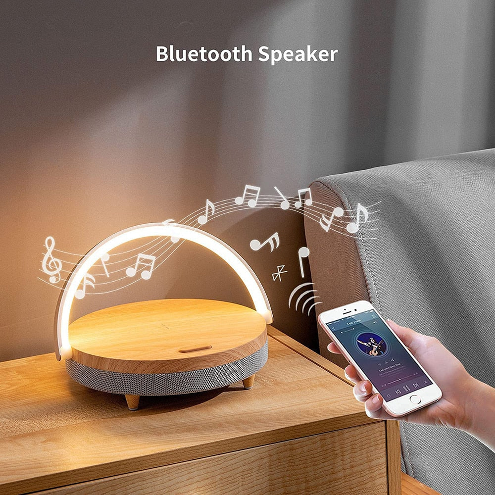 Multifuction Wireless Charger Bluetooth Speaker for IPhone 13 14 Wooden Table Lamp High Power Charging Light Speaker Bluetooth