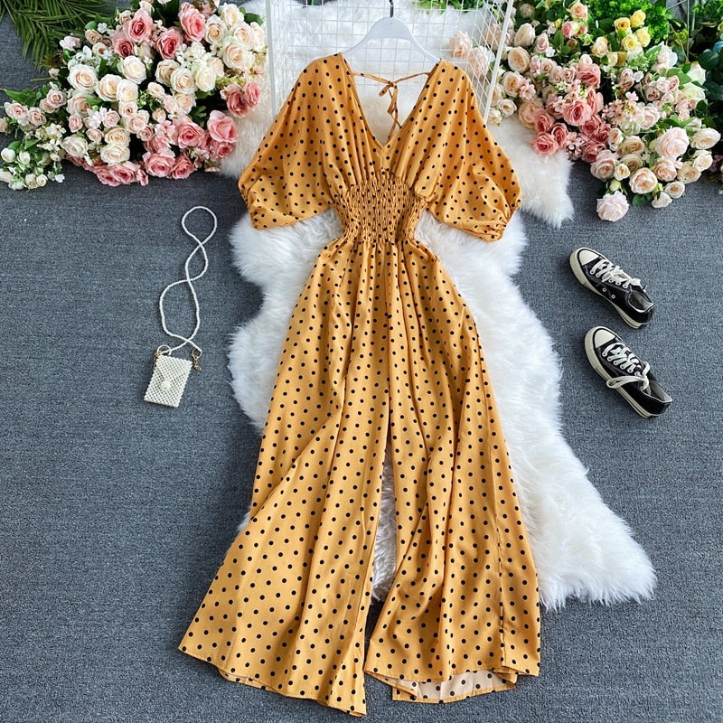 F V Neck Sexy Dolman Sleeves Waist Slim Polka Dot Print Jumpsuit Women Wide Leg Trousers Jumpsuit