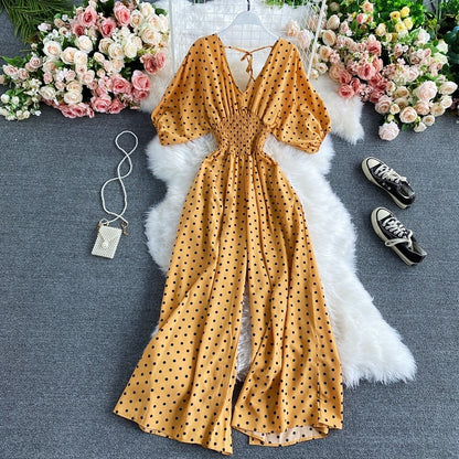 F V Neck Sexy Dolman Sleeves Waist Slim Polka Dot Print Jumpsuit Women Wide Leg Trousers Jumpsuit