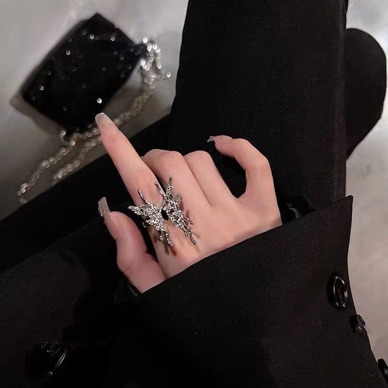 Kpop Retro Gothic Silver Color Heart Metal Ring For Women Girls Vintage Y2k Crystal Open Rings Punk Geometry Rings Party Jewelry