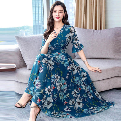 Women Floral Long Dress 2023 Casual Fashion Chiffon A Line V Neck Short Sleeve Dress Summer Elegant Fashion Comfortable Dresses