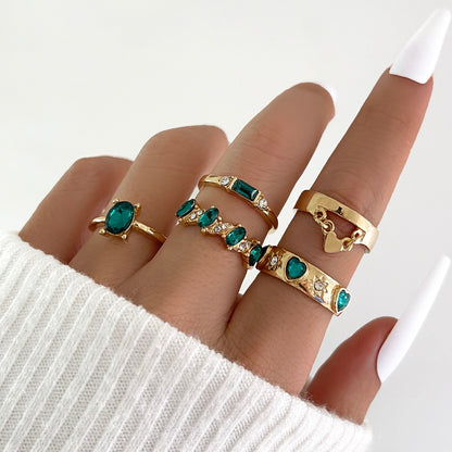 Aprilwell 5Pcs Green Crystal Rings Set for Women Gold Plated Vintage Aesthetic Geometric Luxury Anillos Lady Jewelry Gifts Bague