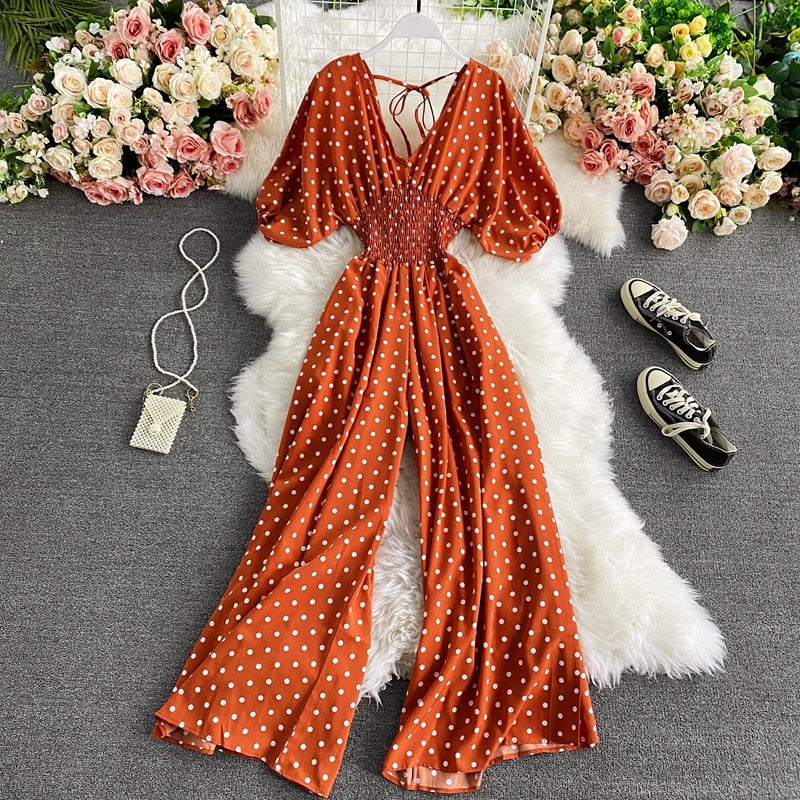 F V Neck Sexy Dolman Sleeves Waist Slim Polka Dot Print Jumpsuit Women Wide Leg Trousers Jumpsuit