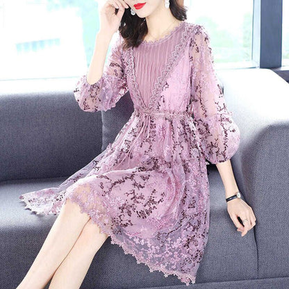 Elegant Ruffles Loose Bandage Bow Embroidery Lantern Sleeve Mini Dress Women Clothing 2023 Summer New Office Lady Princess Dress