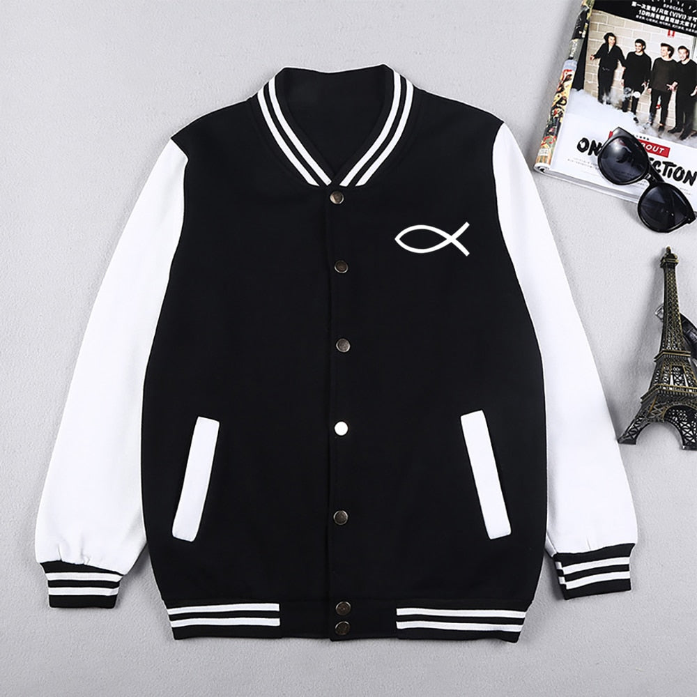 2022 Winter Mens Baseball Uniform Christian JESUS fish Coats Brand Jacket Fleece Bomber Coat Casual Streetwear Plus Size S-5XL