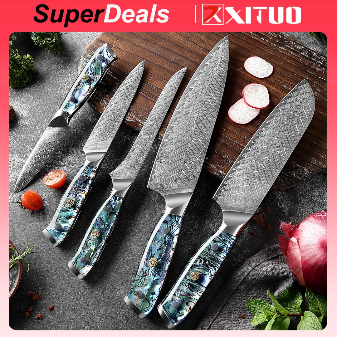 XITUO 1-5 PCS Damascus Steel knife Set Kitchen Cooking Tools Chef Knife Japanese Santoku Boning knife Exquisite Shell Handle