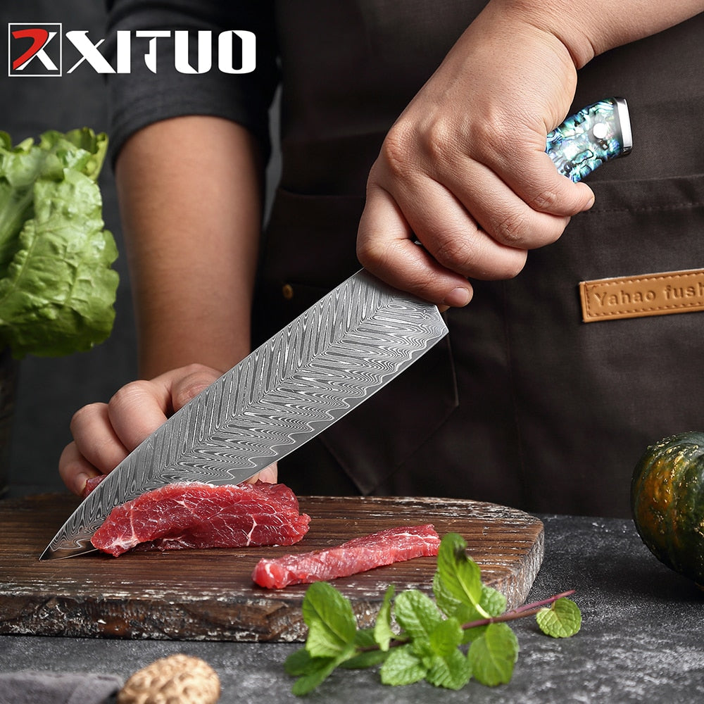 XITUO 1-5 PCS Damascus Steel knife Set Kitchen Cooking Tools Chef Knife Japanese Santoku Boning knife Exquisite Shell Handle