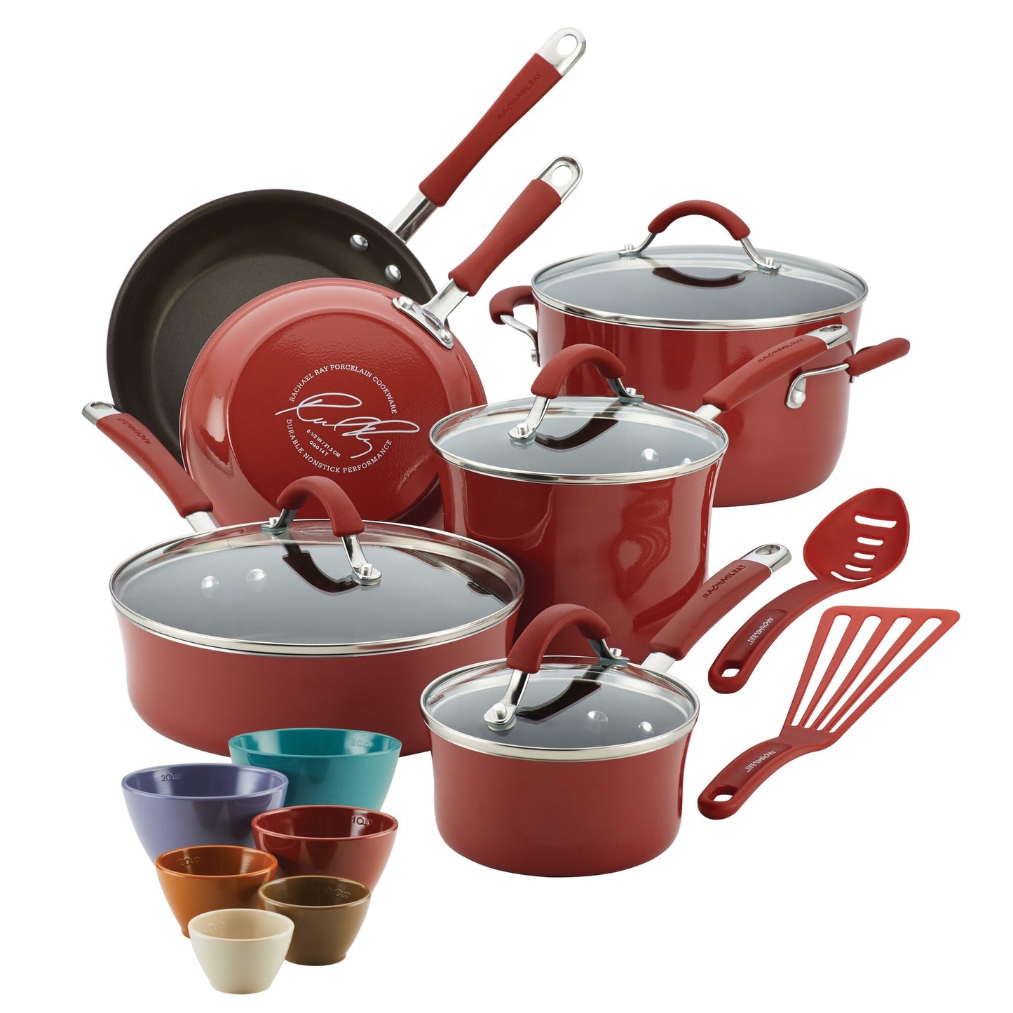 Rachael Ray Cucina Hard Enamel Nonstick Cookware and Prep Bowl Set, 18-Piece, Blue