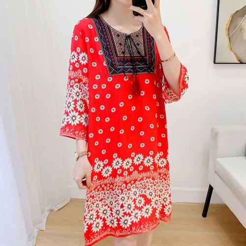 Women's Clothing Women Indian Dress Ready Stock Summer Vintage Causal Korean Style Beach Embroidery Tassel Floral Print Vestidos