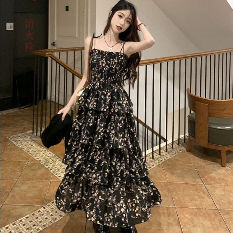 Deeptown Y2k Korean Style One Piece Floral Dress Women Vintage Elegant Layered High Waist Black Long Slip Fairy Dresses Summer