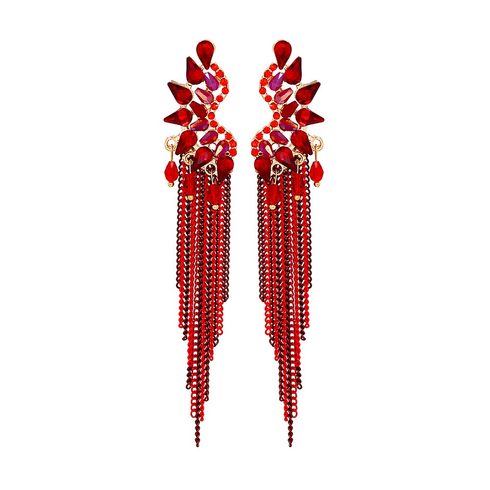 New Trendy Metal Chains Dangle Earring Red Rhinestone Long Tassel Earrings for Women 2023 Summer Jewelry Accessoires Femme
