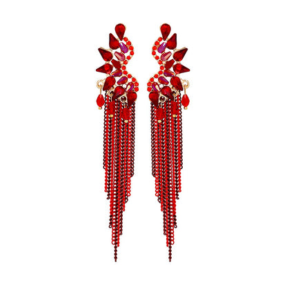 New Trendy Metal Chains Dangle Earring Red Rhinestone Long Tassel Earrings for Women 2023 Summer Jewelry Accessoires Femme