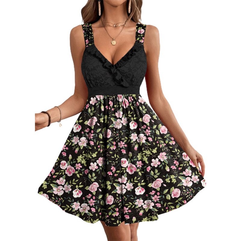 Women Floral Patchwork A-line Ruffled Lace Splicing Open Back Mini Dress 2023 Summer V-Neck Office Lady Casual Dresses Vestido