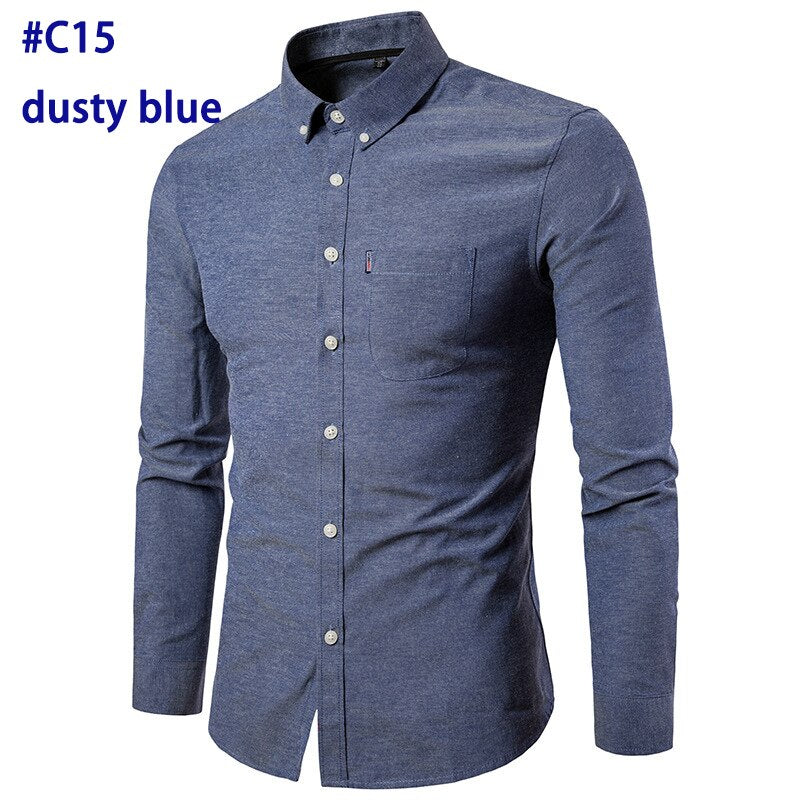 Oxford Cotton Shirt Men 2022 Spring Casual Slim Fit Stand Collar Mens Dress Shirts Long Sleeve Solid Chemise Homme Army Green