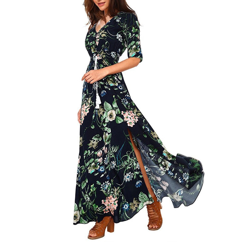 Casual Vacation Bohemian Half Short Sleeve Dress Vintage V-Neck Loose Long Printed Dress Elegant 5XL Pleasure Dress Women 19138