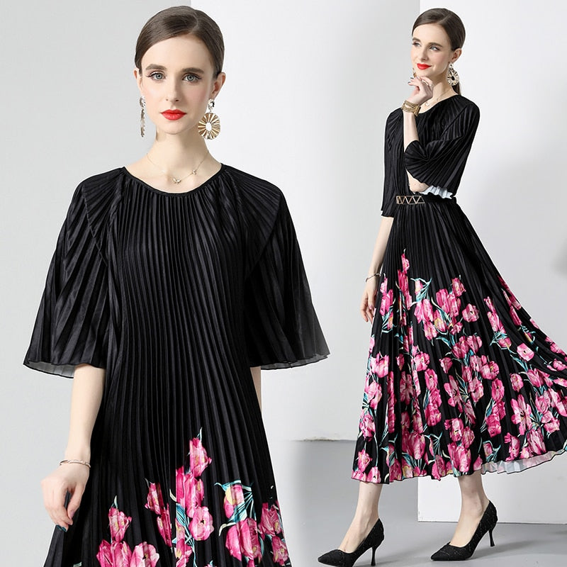 Miyake New Summer Pleated Long Dress Women O-Neck Lace-up Belt Print Loose Large Size Vintage Party Party Maxi Dress 2023