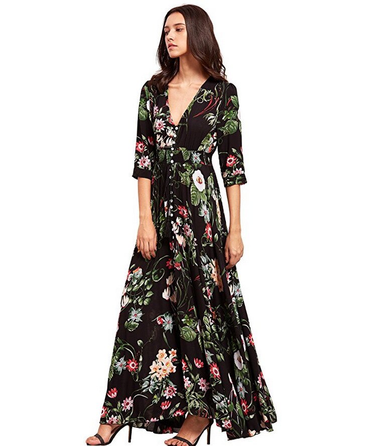 Casual Vacation Bohemian Half Short Sleeve Dress Vintage V-Neck Loose Long Printed Dress Elegant 5XL Pleasure Dress Women 19138