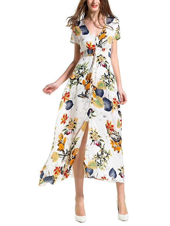 Casual Vacation Bohemian Half Short Sleeve Dress Vintage V-Neck Loose Long Printed Dress Elegant 5XL Pleasure Dress Women 19138