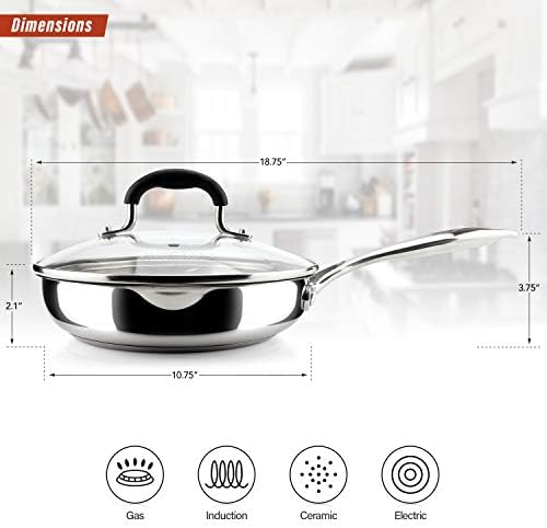 12 Inch Stainless Steel Frying Pan with Lid, Side Spouts, Induction Pan, Versatile Stainless Steel Skillet, Fry Pan in our Pots