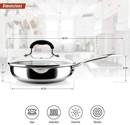 12 Inch Stainless Steel Frying Pan with Lid, Side Spouts, Induction Pan, Versatile Stainless Steel Skillet, Fry Pan in our Pots