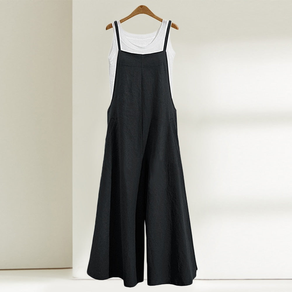Casual Loose Jumpsuit Women Summer Solid Cotton Linen Straps Wide Leg Pants Dungaree Bib Overalls Sleeveless Oversized Jumpsuits