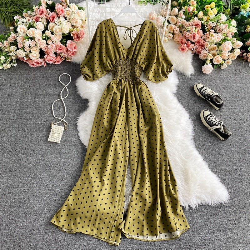 F V Neck Sexy Dolman Sleeves Waist Slim Polka Dot Print Jumpsuit Women Wide Leg Trousers Jumpsuit