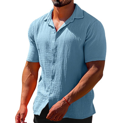Summer Men's Short Sleeve Shirt Solid Color Turn Down Collar Cotton Linen Casual Shirts Men Single Breasted Male Blouse Tops