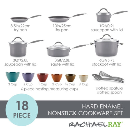 Free shipping Cucina Hard Enamel Nonstick Cookware and Prep Bowl Set, 18-Piece, Gray