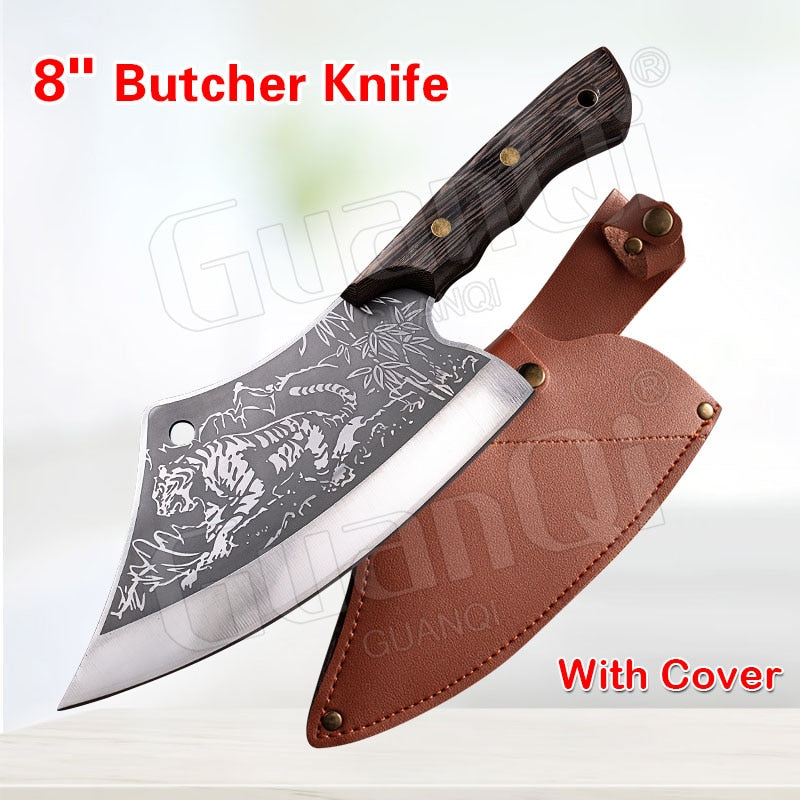 Handmade Forged Stainless Steel Kitchen Knife Cleaver Chinese Butcher Boning Knife Pig Beef Cutting Knife with Knife Wood Handle