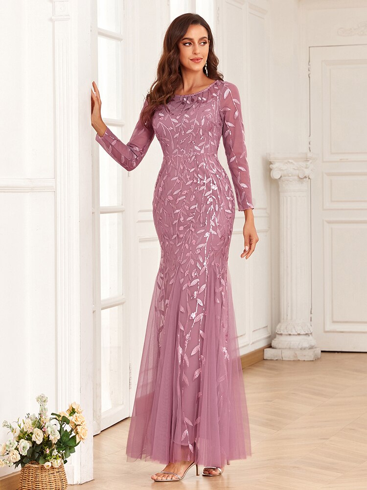 2023 Hot Sale Mermaid Evening Dresses O-Neck Full Sleeve Tulle Embroidery Long Party Gown Elegant Formal Dress