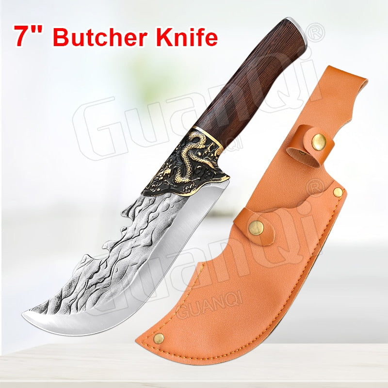 Handmade Forged Stainless Steel Kitchen Knife Cleaver Chinese Butcher Boning Knife Pig Beef Cutting Knife with Knife Wood Handle