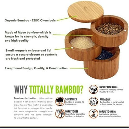 Bamboo Triple Salt Cellar with Magnetic Swivel Lids Kitchen Salt Pepper Storage Box Salt Jar Kichen Wood Salt Cellar Container
