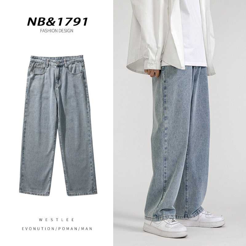 Korean Fashion Men&#39;s Baggy Jeans Classic All-match Solid Color Straight-leg Denim Wide-leg Pants Male Light Blue Grey Black