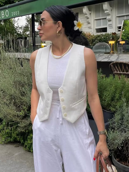 SLTNX 2023 Fashion Women's Vest Summer Sleeveless Vests for Women Chic V-Neck Single-breasted Ladies White Waistcoat Tops New In