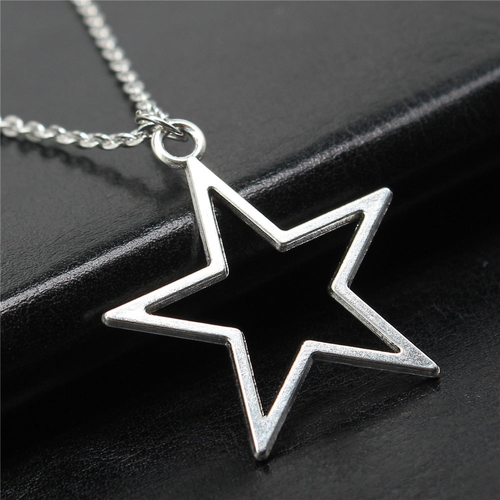 Fashion Simple Vintage Antique Silver Color 36x33mm Hollow Star Pendant Necklace For Women