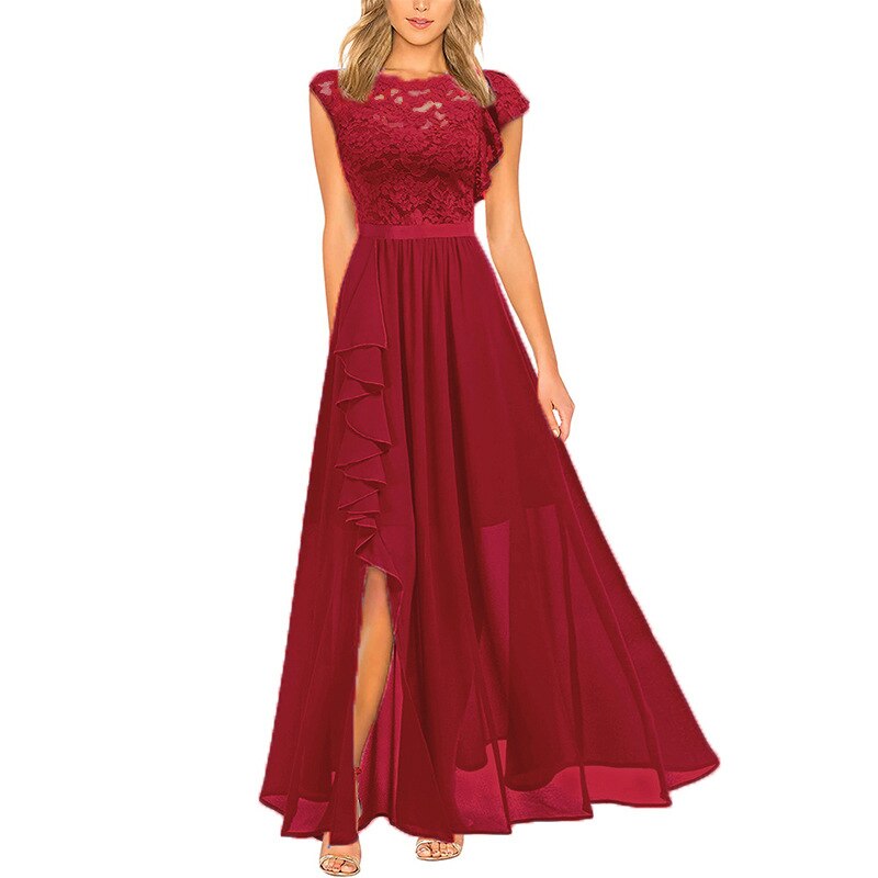 Women&#39;s Elegant Floral Lace Patchwork Chiffon Formal Dress RufflesSplit Bridesmaid Party Maxi Dress