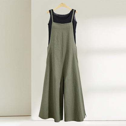 Casual Loose Jumpsuit Women Summer Solid Cotton Linen Straps Wide Leg Pants Dungaree Bib Overalls Sleeveless Oversized Jumpsuits