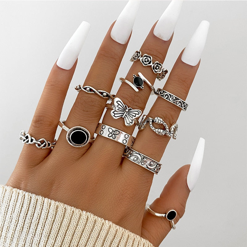 Vintage Hollow Heart Butterfly Rings Set For Women Metal Silver Color Geometric Spiral Shape Ring 22pcs Set 2023 Trendy Jewelry