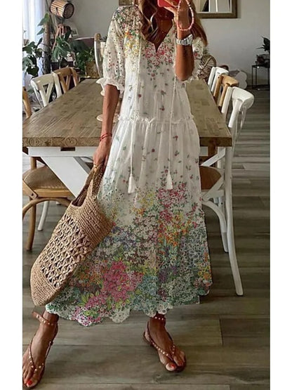 2023 Bohemian Long Dress Women Summer Vintage Floral Print V Neck Half Sleeve Dresses Female Casual Drawstring Loose Beach Dress