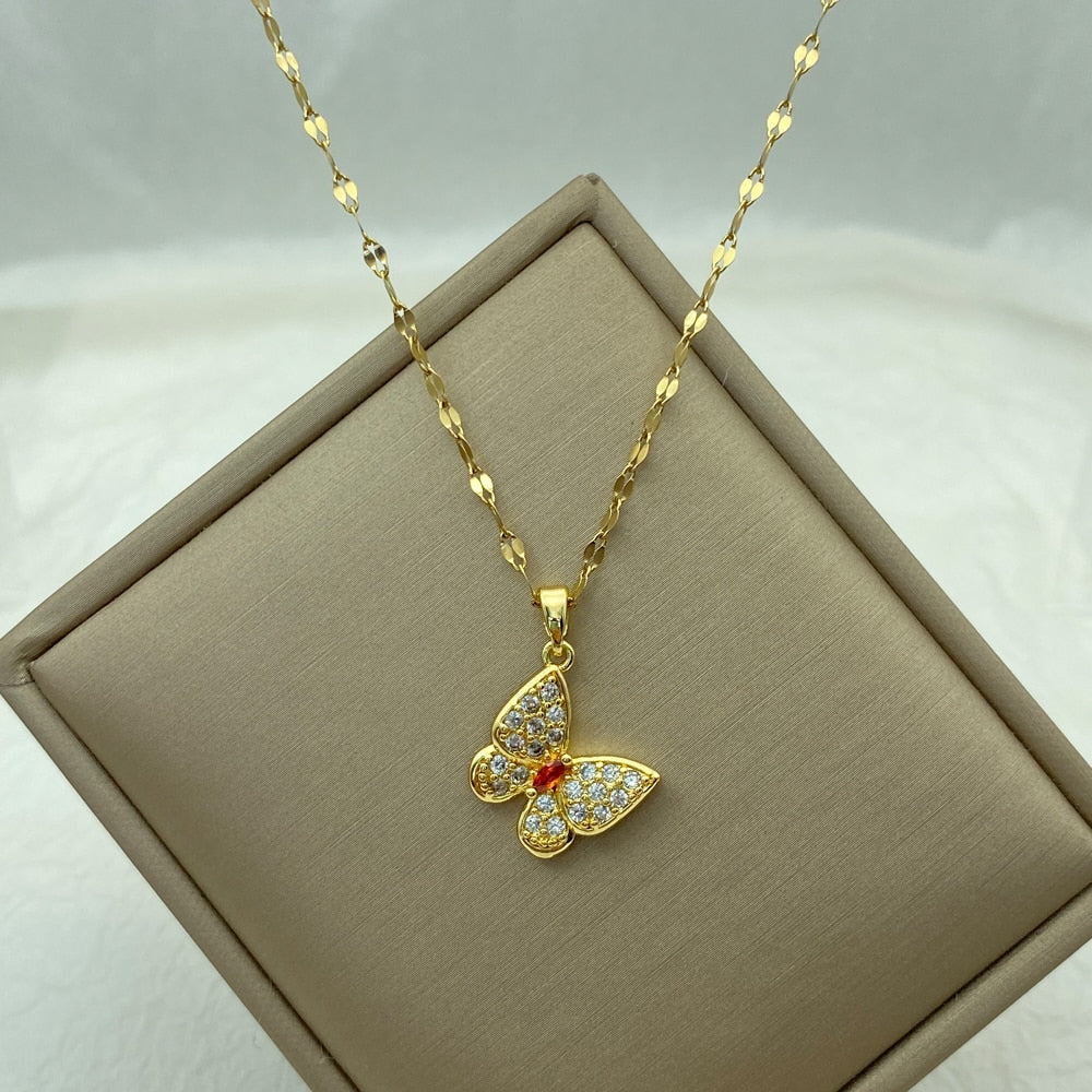 Gold Color Necklace for Women Zircon Jewelry Pendant Necklace Stainles Steel Mermaid Heart Butterfly Stainless Steel Sunflower