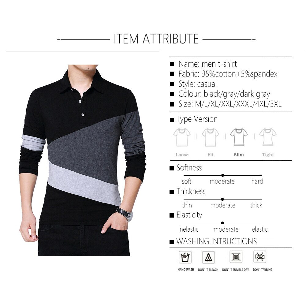 BROWON Autumn Fashion Plus Size 5XL Mens T Shirt with Collar Color Patchwork t-shirt Long Sleeve Tshirt Men Clothes 2023