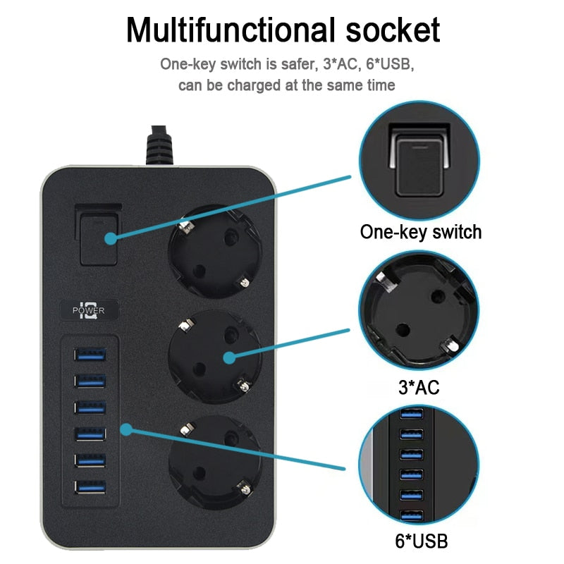 Multiprise EU Plug Socket Power Strip With USB Extension Cord Smart Home Network Filter Overload Protection Outlet AC Electrical