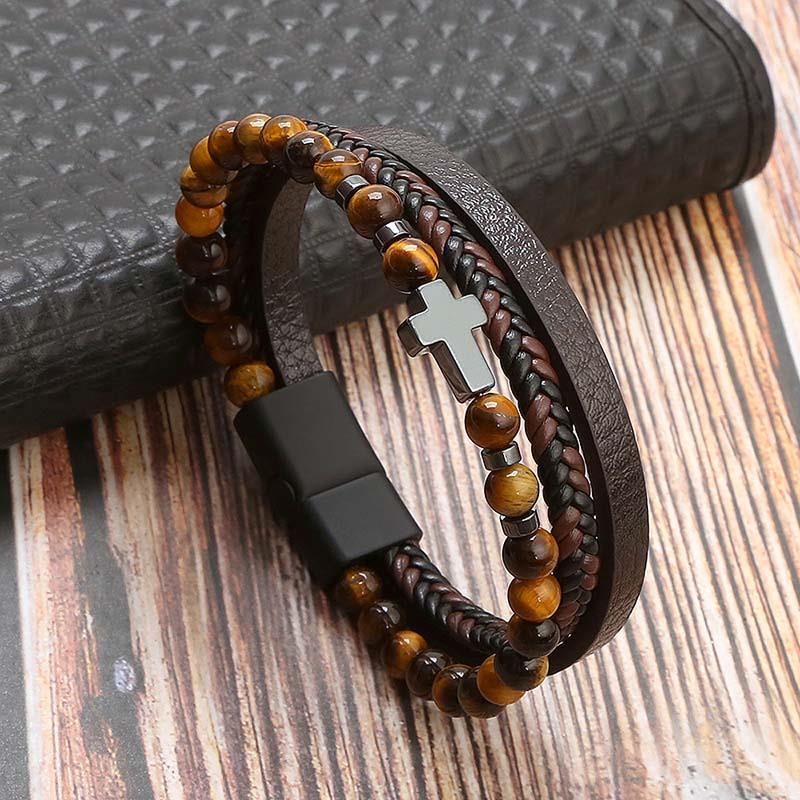 High Quality Leather Bracelet Men Classic Fashion Tiger Eye Beaded Multi Layer Leather Bracelet For Men Jewelry Gift