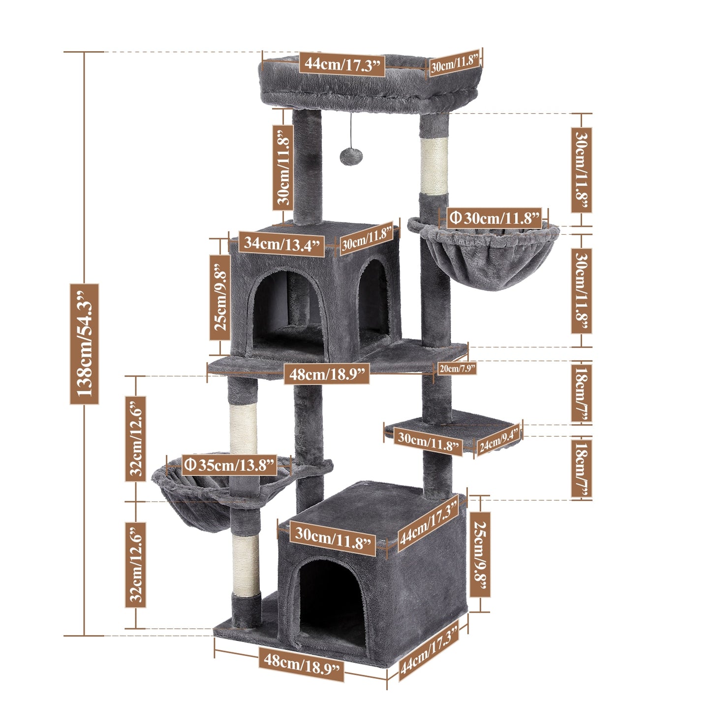 Cat Tree Towel Scratching Sisal Post Multi-Level Pet Climbing Tree with Hammock Bed Cat Ladder Extra Large Perch with Toy Ball