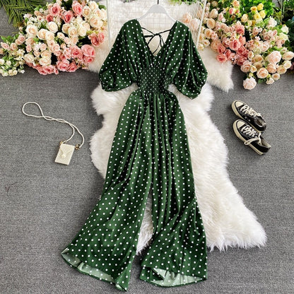 F V Neck Sexy Dolman Sleeves Waist Slim Polka Dot Print Jumpsuit Women Wide Leg Trousers Jumpsuit