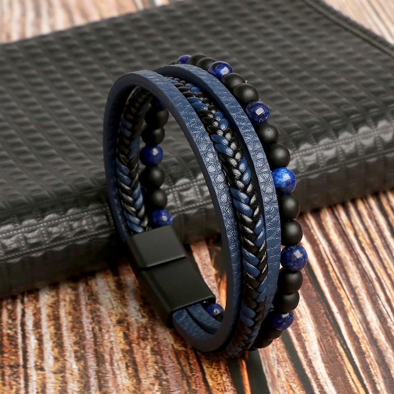 High Quality Leather Bracelet Men Classic Fashion Tiger Eye Beaded Multi Layer Leather Bracelet For Men Jewelry Gift