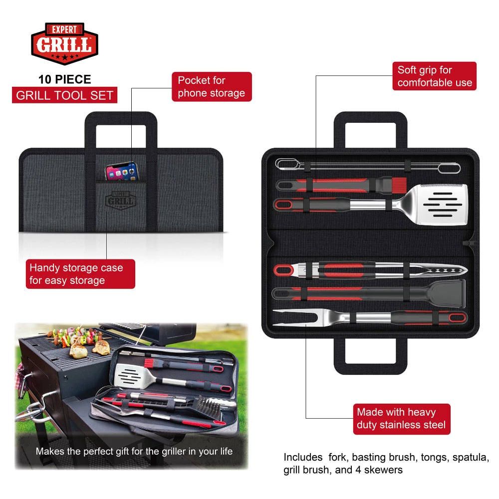 Expert Grill Stainless Steel Soft Grip BBQ Grill Tool Set, 10-Piece