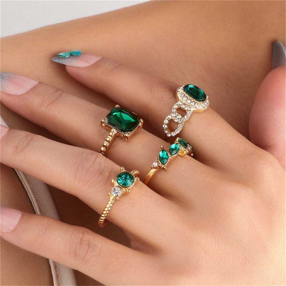 Aprilwell 5Pcs Green Crystal Rings Set for Women Gold Plated Vintage Aesthetic Geometric Luxury Anillos Lady Jewelry Gifts Bague